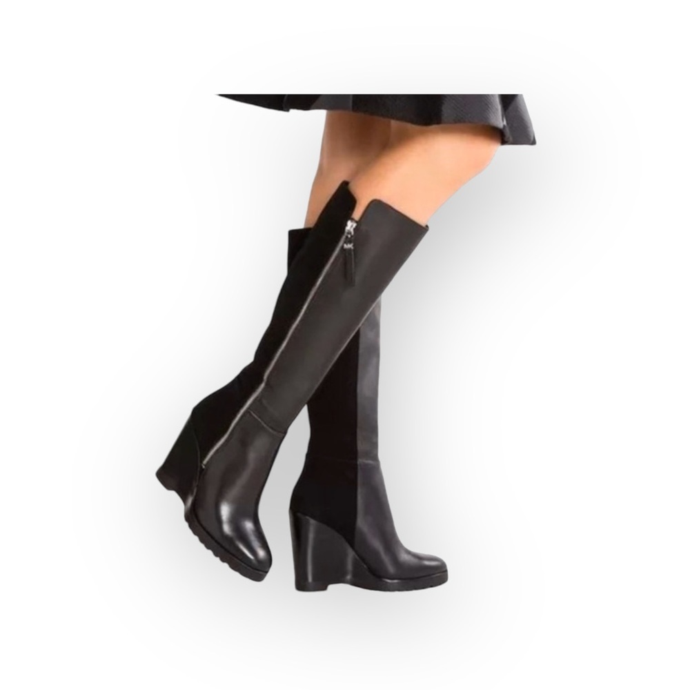new Michael Kors ❃ High Tall Suede + Leather Wedge Heel Boot ❃ Black ❃ 5.5M 35.5 - Picture 15 of 16